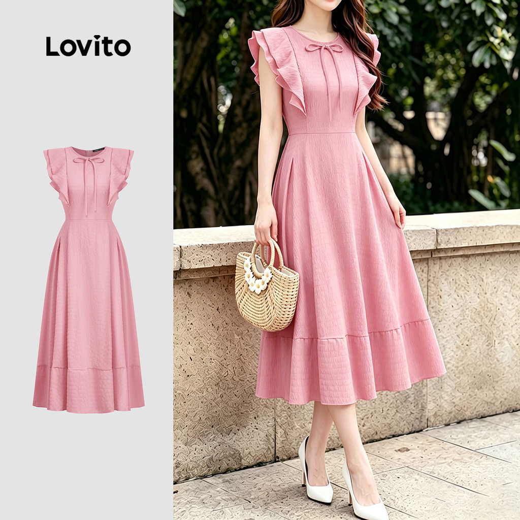Lovito เดรสผู้หญิงหรูหรา มีจีบและซิป สีชมพู สำหรับฤดูใบไม้ผลิ/ฤดูร้อน LK7ED480