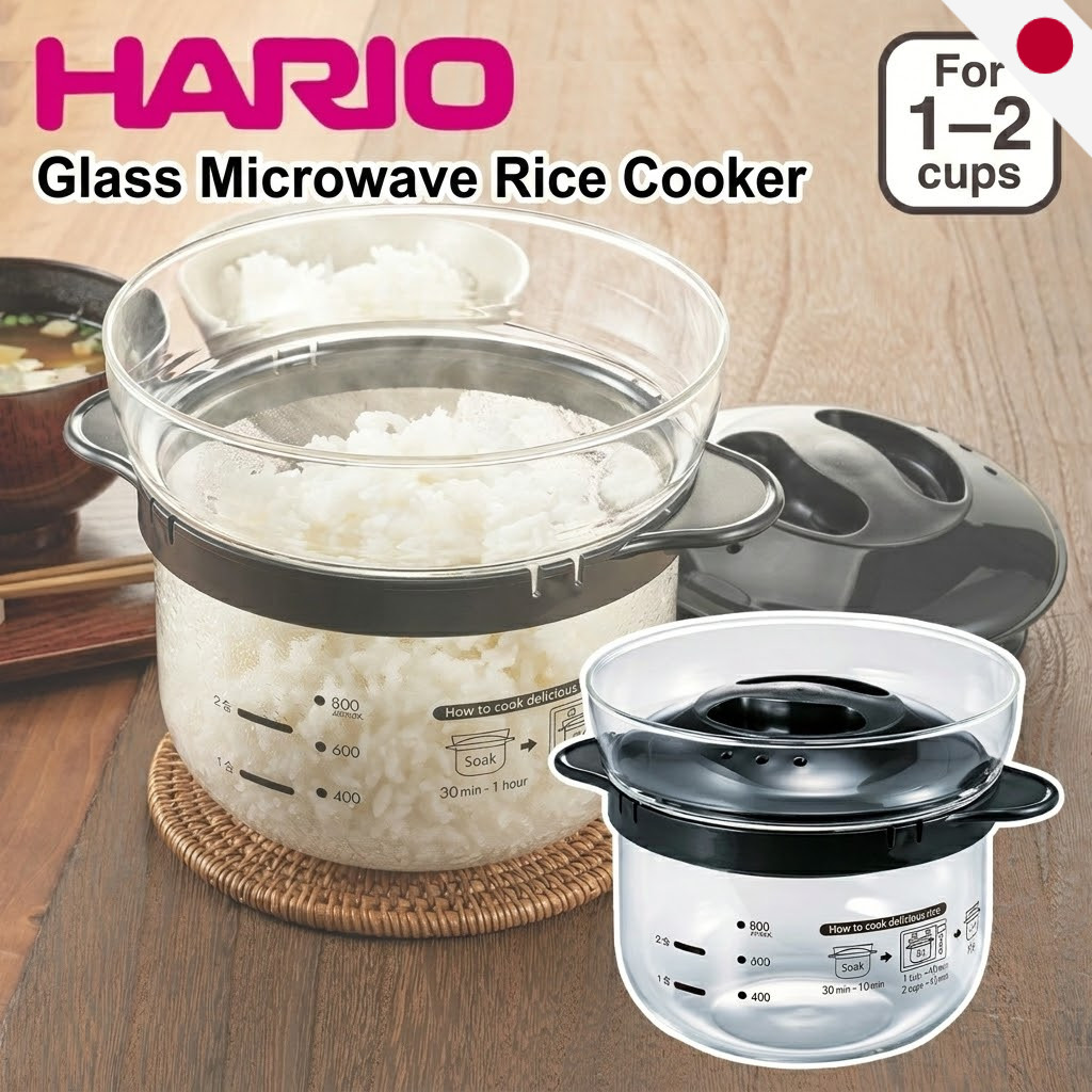 HARIO Glass Microwave Rice Cooker 1-2 Cups XRCN-2-B Heat Resistant Glass Pot - Japan