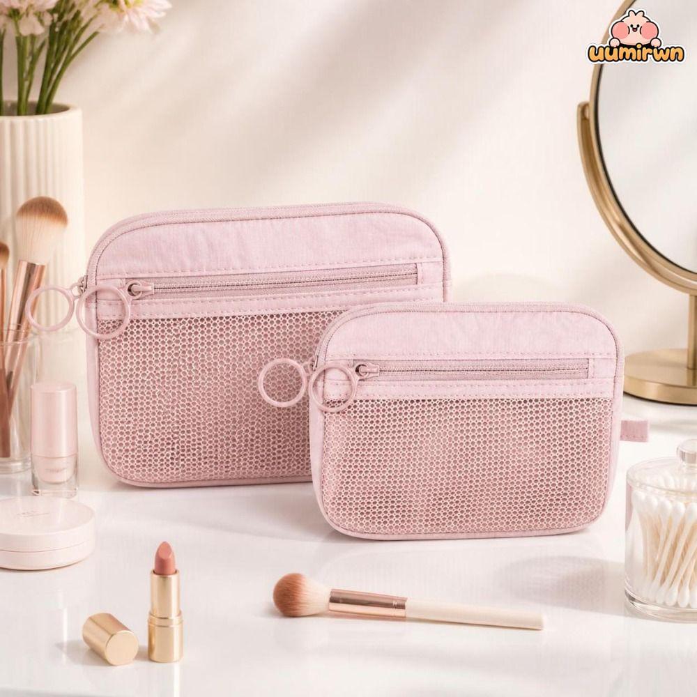 UUMIR Travel Organizer,Double Layer Pink Mesh Storage Pouch, Zipper Nylon Portable Cosmetic Bag for 