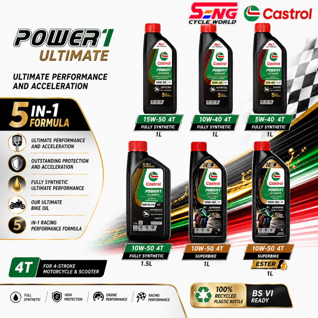 CASTROL POWER1 สุดยอด FULLY SYNTHETIC MOTORCYCLE ENGINE OIL 5W-40 / 10W-50 / 15W-50 1L 1.2L SUPERBIK