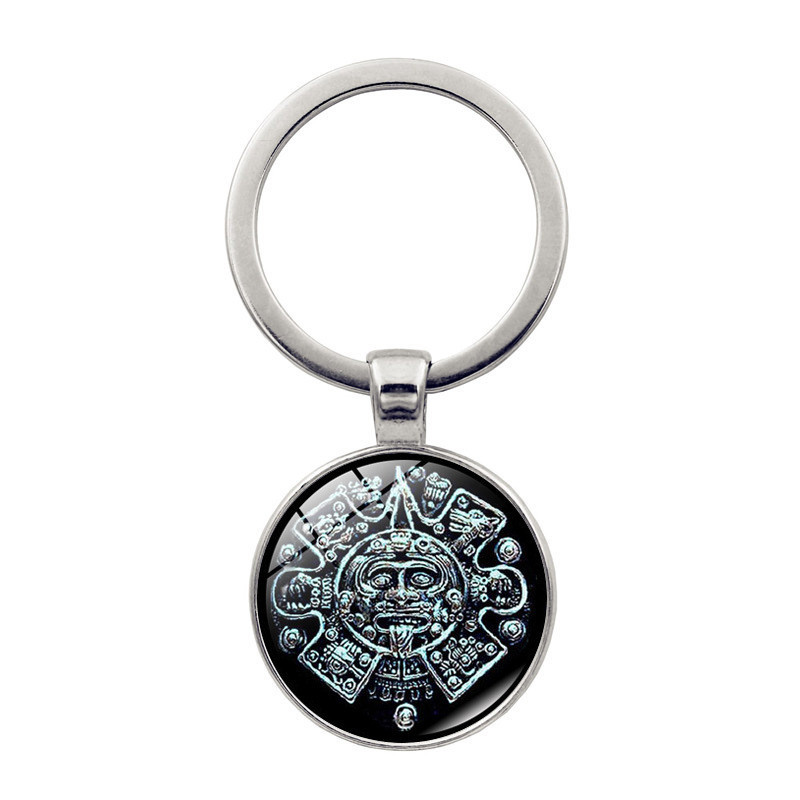 Aztec Sun Calendar พวงกุญแจ Mayan Civilization Totem Time Gem Key แหวนจี้ขนาดเล็ก