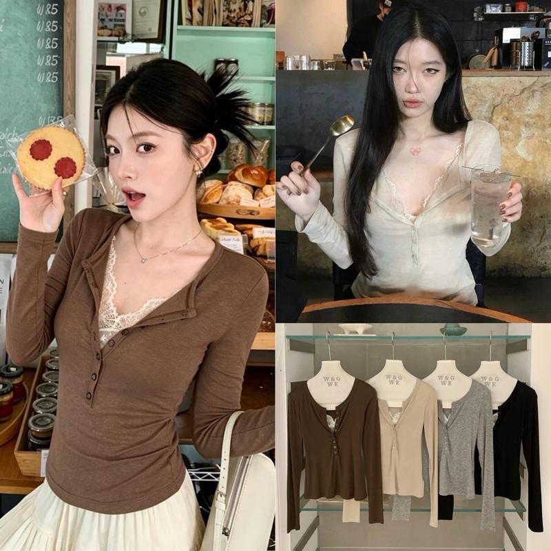 BY0672 เสื้อแขนยาวแต่งเลเยอร์กล้ามลูกไม้ benly co