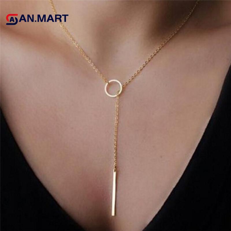 AN.MART ผู้หญิงบุคลิกภาพ Simple ตะลึง Golden Bar Circle Lariat Nelace Jewelry TH