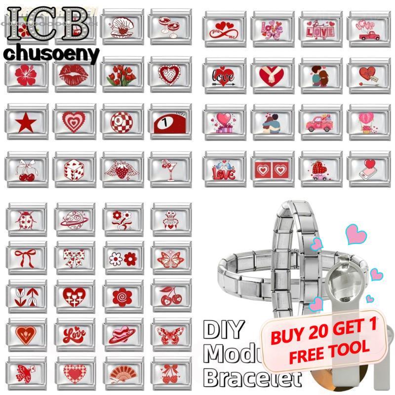 สร้อยข้อมือสแตนเลส ขนาด 9 มม. แบบ UV Red Heart Cherry Italian Charm สำหรับทำเครื่องประดับและตกแต่งบุคลิกภาพ