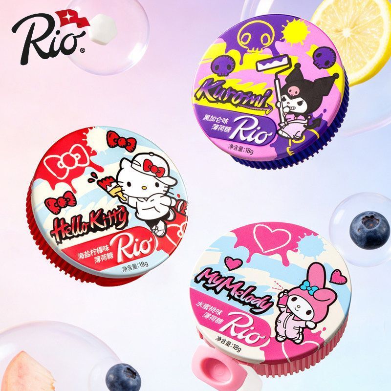 [Rio] ลูกอมมิ้นต์ปราศจากน้ําตาล 18g * 3 กล่อง Sanrio Co-Branded Graffiti Series ลมหายใจสดชื่น 0 ขนมข