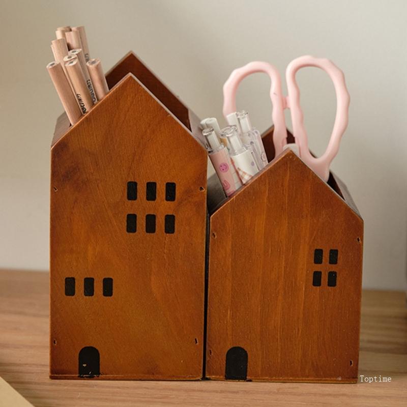 Top Brown House Pen Cup Desktop Organiser สําหรับเขียนเครื่องมือแปรงแต่งหน้า
