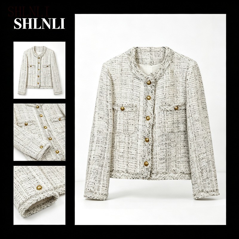 ผู้หญิง Tweed Cropped Jacket คอกลม Fringe Trim ปุ่มทองกระเป๋า Casual Outerwear