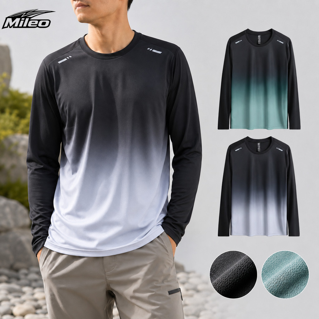 เสื้อยืดแขนยาวแห้งเร็วสําหรับผู้ชายพร้อม Ombre สีไล่ระดับสีความชื้นชุดกีฬาไมโครตาข่ายน้ําหนักเบาสะท้อนแสงวิ่งด้านบน