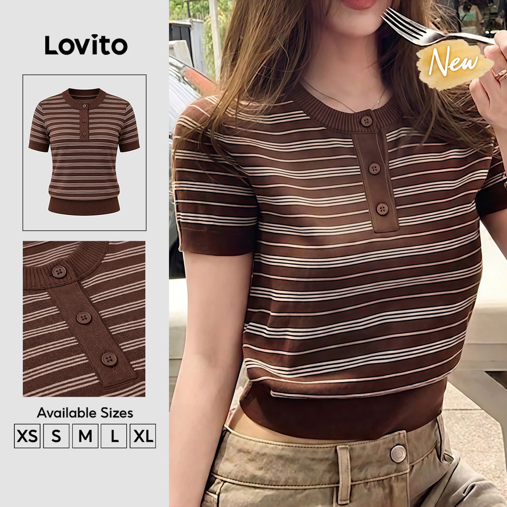 (New Arrival) Lovito เสื้อยืดสีน้ำตาลสำหรับผู้หญิง ดีไซน์สง่างาม ลายทาง แขนสั้น คอเว้ากลม แต่งบล็อกส
