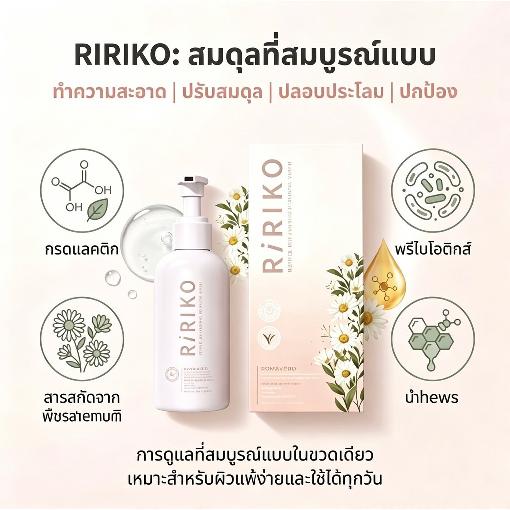 RIRIKO GENTLE BALANCING FEMININE WASH 150มล ผลิตภัณฑ์เจลความสะอาดจุดซ่อนเร้นสำหรับผู้หญิง