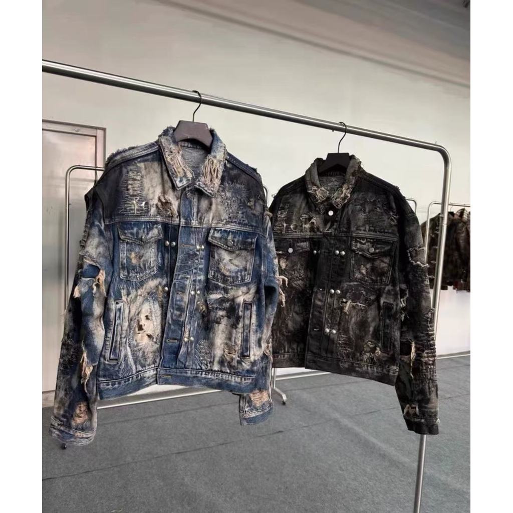 THUG CLUB เสื้อแจ็คเก็ตยีนส์ Washed Distressed Patch