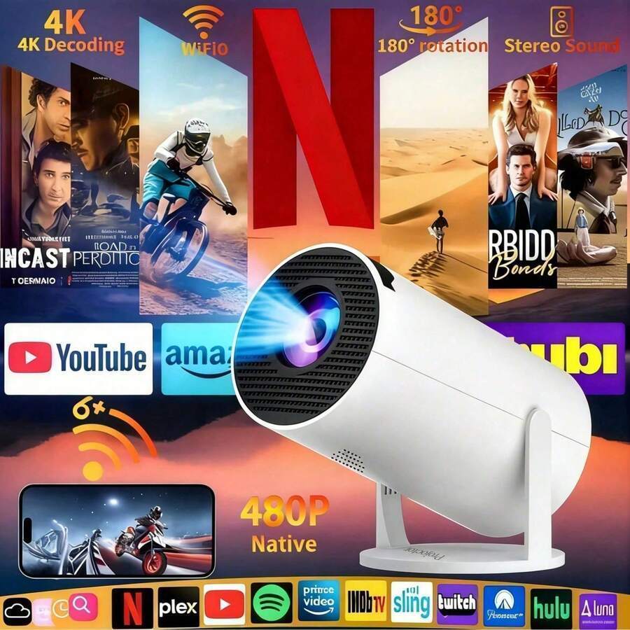 โปรเจคเตอร์พกพาอัจฉริยะ 5,000ANSI Lumens รองรับถอดรหัส 4K, ออโต้โฟกัสอัตโนมัติการแก้ไขสี่เหลี่ยมคางหมู,บลูทูธ 5.3 ฉายเกมต่ํา,โรงภาพยนตร์บ้านเงียบพิเศษ,สากลสําหรับโฮมออฟฟิศสอน