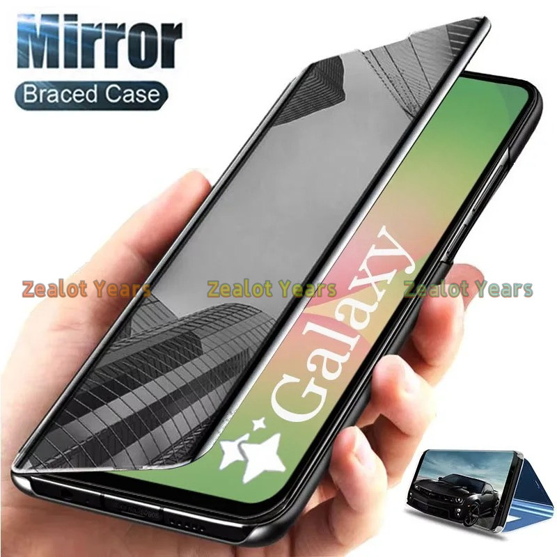 สําหรับ Samsung Galaxy S25 S24 S23 FE Plus 5G S25FE S24FE หรูหราชุบสมาร์ทกระจกกรณีพลิกขาตั้งป้องกันเต็มรูปแบบ