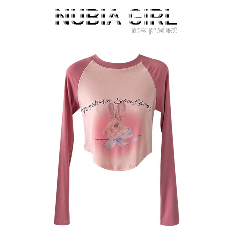 NU BIA GIRL 2 สีกระต่ายพิมพ์แขนยาวรอบคอดีไซน์เรียวบาง เหมาะสำหรับฤดูใบไม้ร่วง