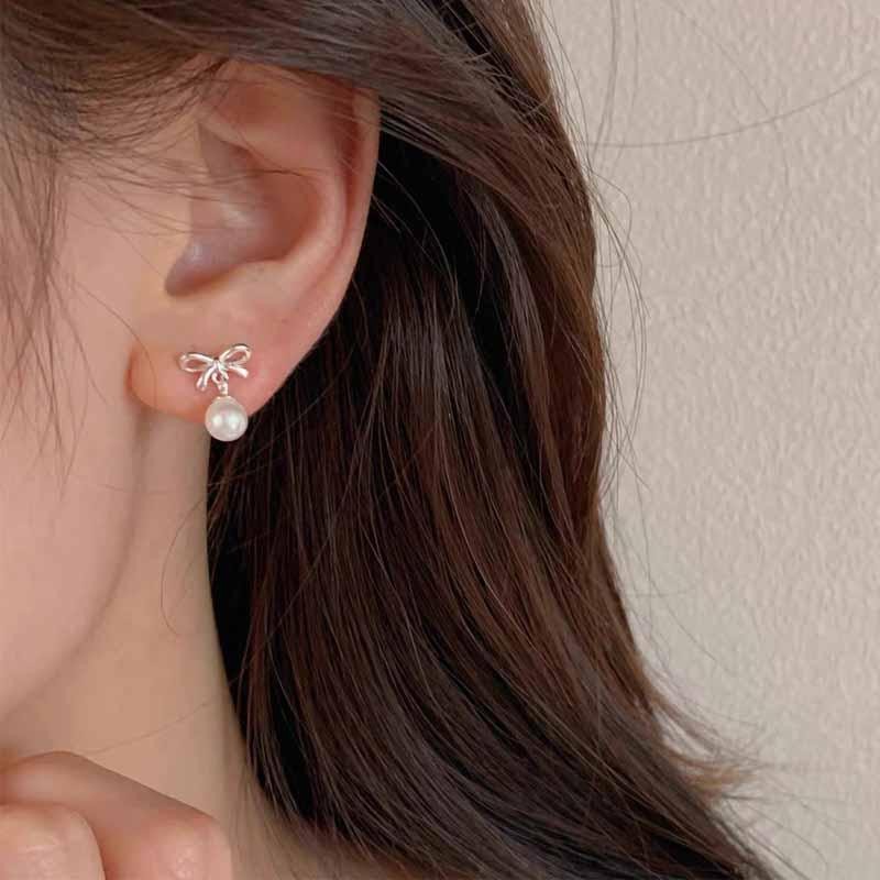 ต่างหูโบว์มุก ต่างหูอารมณ์อ่อนโยนสำหรับผู้หญิง ต่างหูแฟชั่นหวานๆ