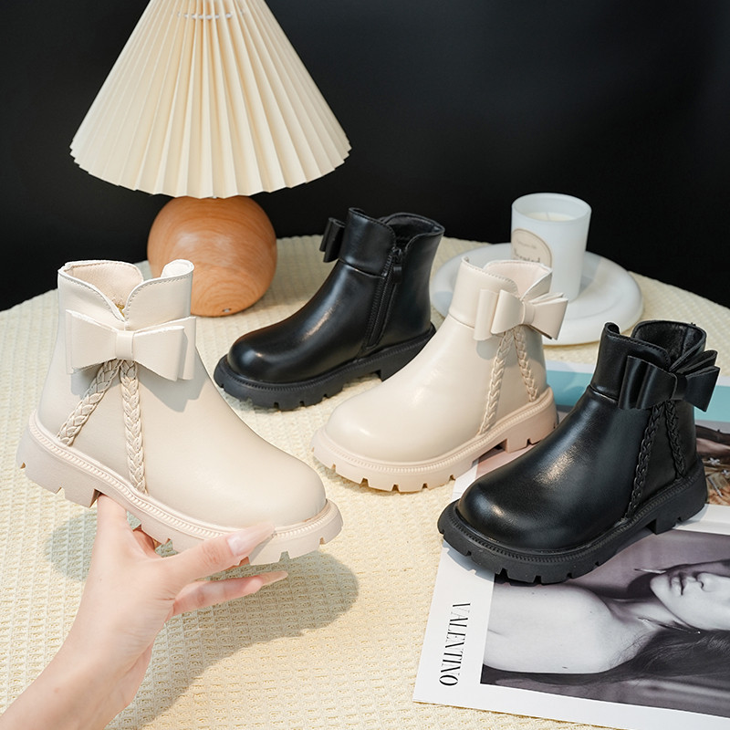 2025 เด็ก Boot ฤดูใบไม้ผลิฤดูใบไม้ร่วงใหม่หญิงแฟชั่นข้อเท้ารองเท้าแนวโน้มถักสไตล์เด็ก Causal รองเท้าหนังซิปอเนกประสงค์
