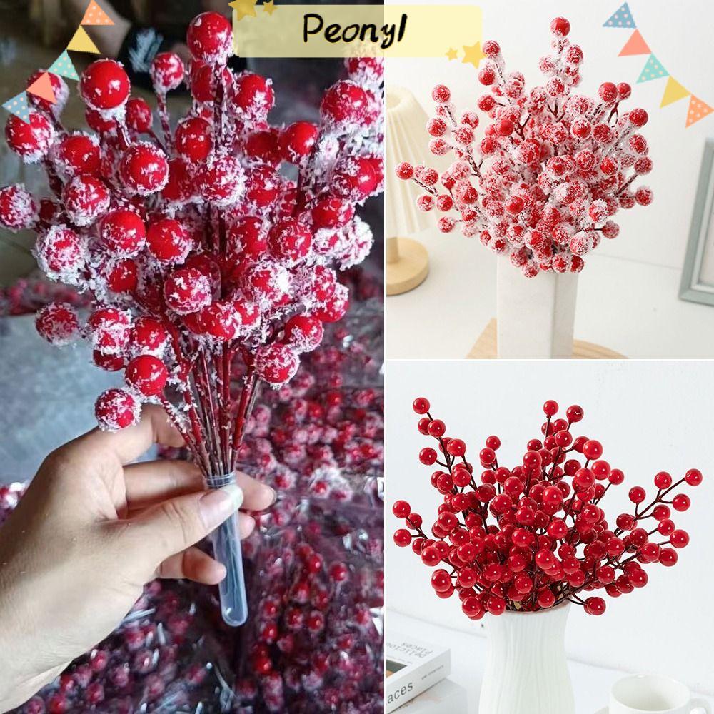 PEONY 10PCS สาขา Berries สีแดงกับ Frost Christmas Berry สาขา, ตกแต่งบ้านเครื่องประดับงานแต่งงานห่อขอ