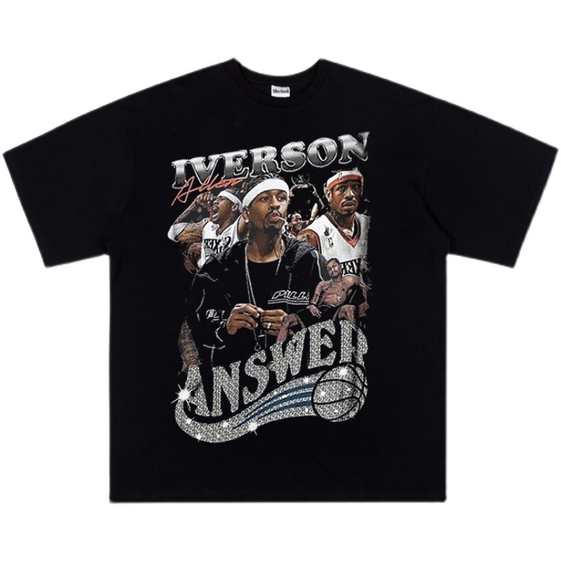Allen Iverson vintage Allen Iverson เสื้อยืด American Retro Heavy Small Neckline บาสเกตบอลพิมพ์ตัวอั