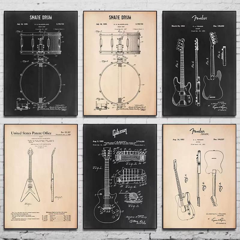 โปสเตอร์วาดภาพสิทธิบัตรเครื่องดนตรีกีตาร์เปียโนชั้นวางกลองพิมพ์ผ้าใบสําหรับตกแต่งผนังบ้านภาพวาดไร้กรอบ
