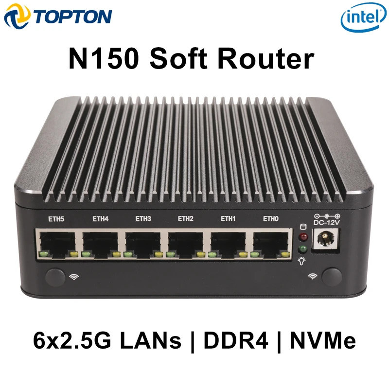 6x2.5G LAN Robust Fanless Firewall Mini PC Intel N150 7505 6305 i226-V DDR4 NVMe SATA Type-C มินิคอม