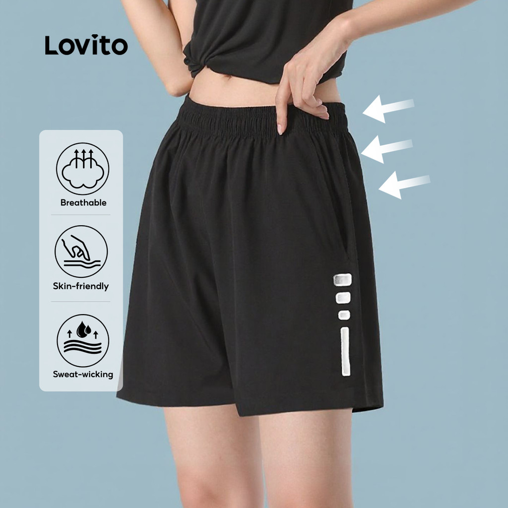 Lovito กางเกงกีฬาขาสั้น Sporty Sports Shorts ควบคุมท้อง สีดำ สำหรับผู้หญิง LNE120014