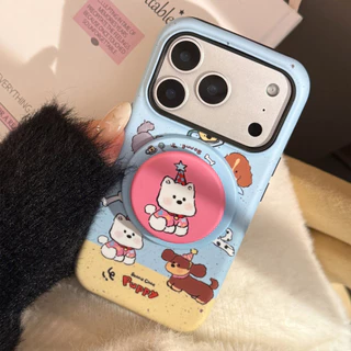 การ์ตูนน่ารักปาร์ตี้ลูกสุนัขภาพประกอบที่วางขาตั้งแม่เหล็กเคสไอโฟนเข้ากันได้สําหรับ ไอโฟน 17 มือโปร สูงสุด 17 มือโปร 17 อากาศ 17 16 15 14 13 12 11 ต่อต้าน หยดฮาร์ดพีซีเคลือบฝาหลั