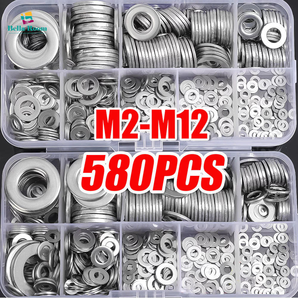 ปะเก็นสแตนเลส580ชิ้นพร้อมกล่องชุดแหวนแบนอเนกประสงค์ปะเก็นเครื่องซักผ้าธรรมดา M2 M2.5 M3 M4 M5 M6 M12 M10 M8