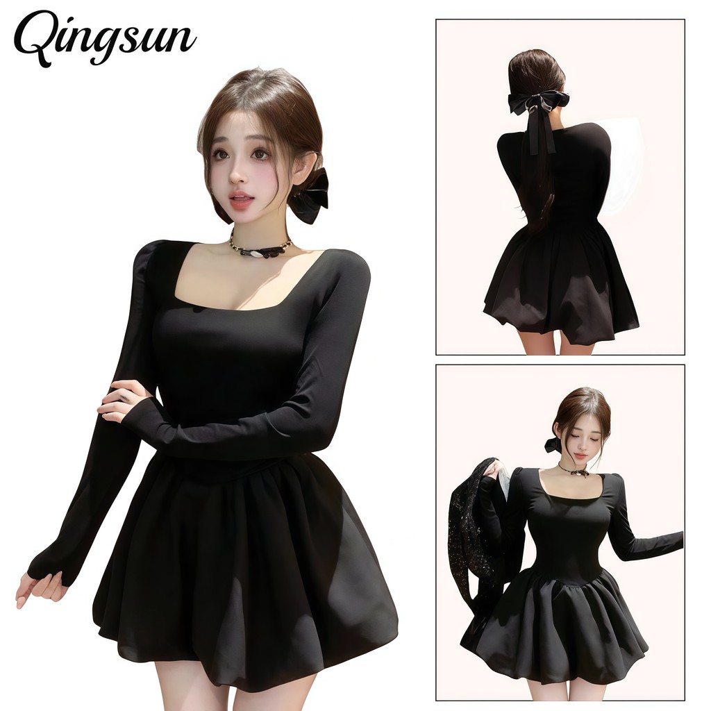 🌻Qingsun เข้ารูป ชุดเดรสแขนยาว เข้ารูป คอเหลี่ยม ชุดย้อนยุค สีดำ ผ้าใส่สบาย"FY9171"