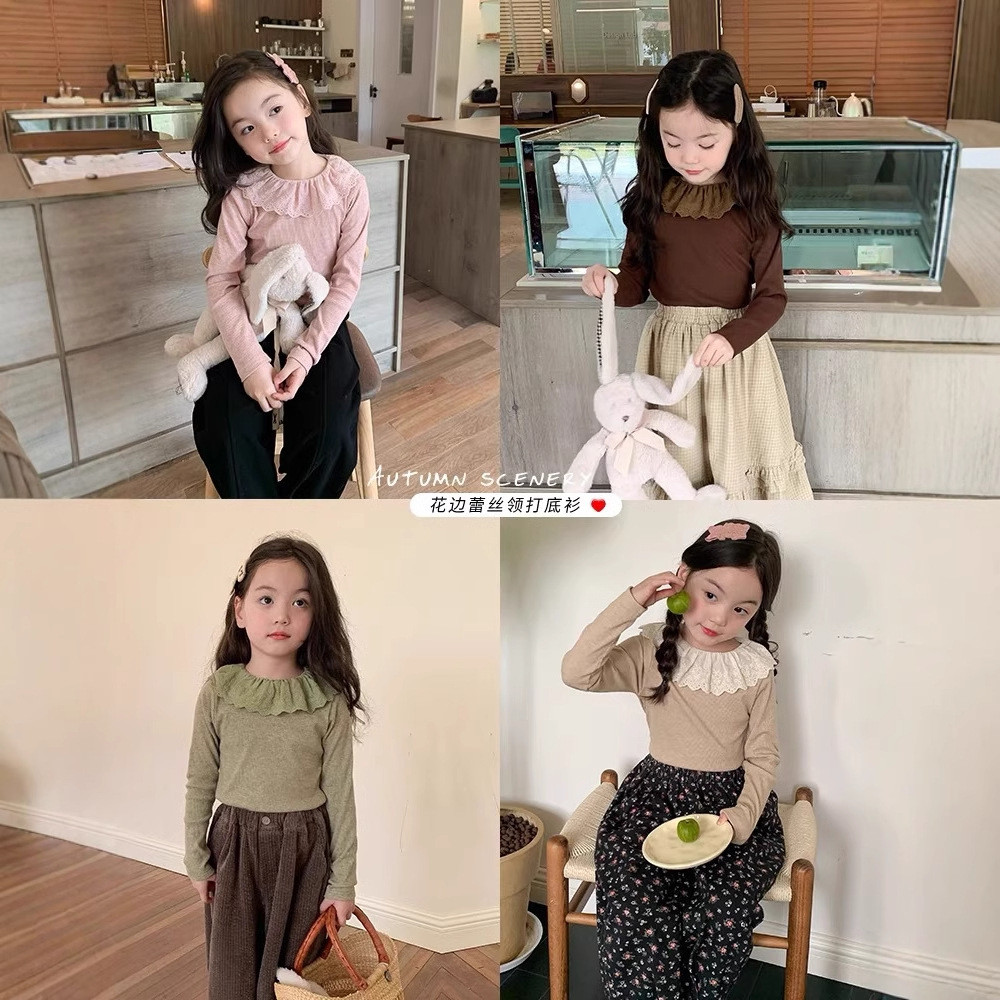 [RJ] เสื้อลูกไม้แขนยาวสำหรับเด็กและทารก ขนาด 80-160 ซม สไตล์เกาหลี ฤดูใบไม้ร่วง สีทึบและยืดหยุ่น