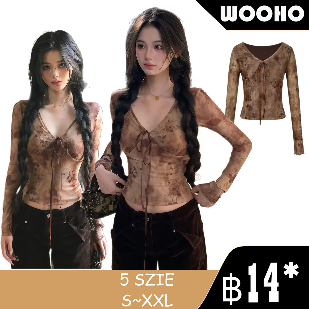 WOOHO.เสื้อครอปแขนยาวผ้าซีทรู ลายดอกไม้สีน้ำตาลวินเทจ คอวีทรงฟิต ใส่ได้ทุกฤดู ใส่สบาย แมตช์ง่าย สไตล์ผู้หญิงสายหวานสายแฟ