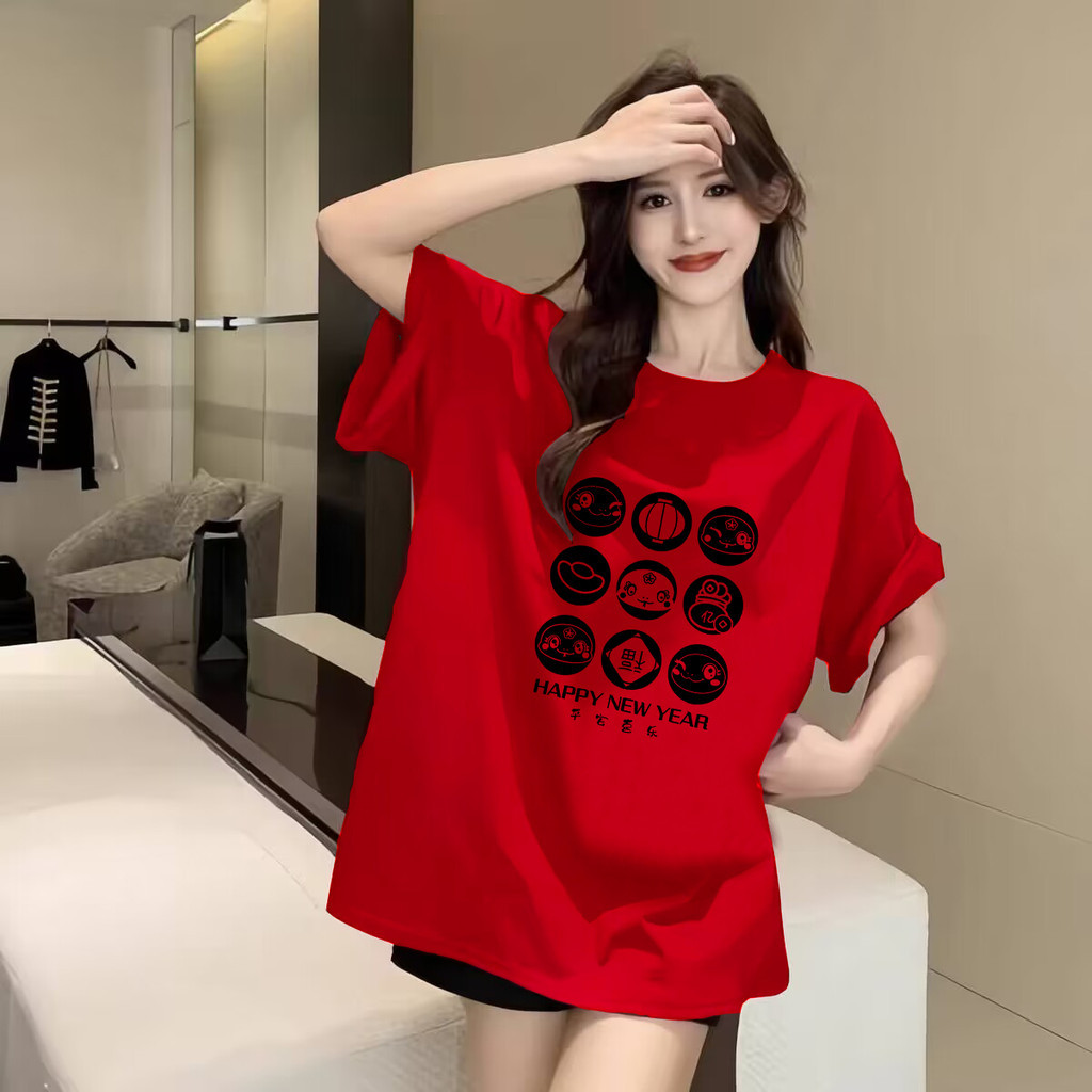 220G 100% CottonSI 2026 ปีใหม่เสื้อยืดแขนสั้น Oversize ผู้หญิงที่ไม่ซ้ํากัน OOTDS CNY Horse Lives 35