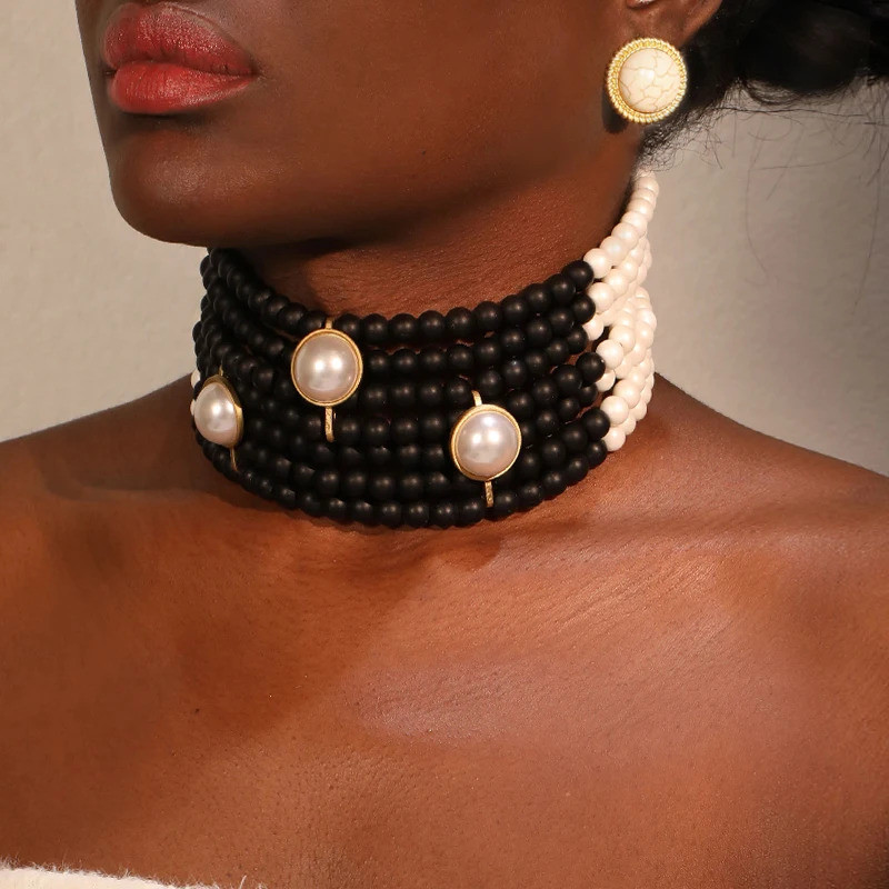 Statement Vintage Pearls Chocker Necklace&Earrings Buttons Design Women Trendy Wedding Party Jewelry