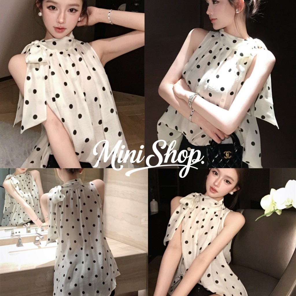 Mini shop🌸พร้อมส่ง🌸(FY2916)เสื้อแขนกุด ลายตุด ผ้าซีทรู สีครีม น่ารักๆ ผ้าทิ้งตัว เสื้อครอปคล้องคอ