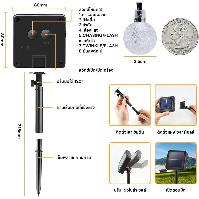 ไฟสวนอัตโนมัติ โซล่าเซลล์ (Cherry Solar Cell) 150หัว18เมตร  ไฟกระพริบ LED กันน้ำ - รูปที่ 6