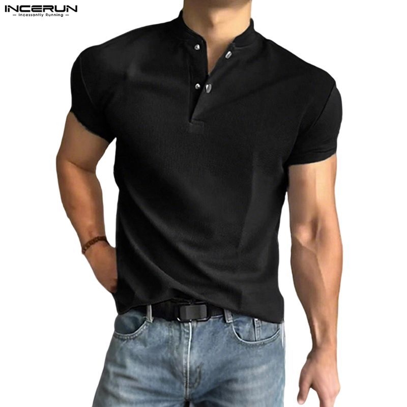 INCERUN เสื้อโปโลสไตล์มินIMALIST แขนสั้น วัสดุวาฟเฟิล สำหรับผู้ชาย