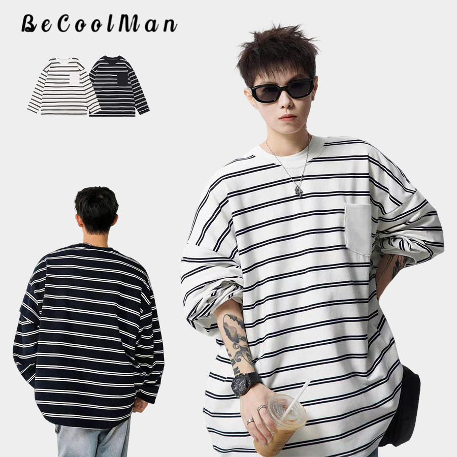 💥BECoolMan💥สีดำและสีขาว เย็บสีแขนยาว คอกลม ใส่ได้ทั้งชายและหญิง ลำลอง คลาสสิกแมทช์ลุคง่าย