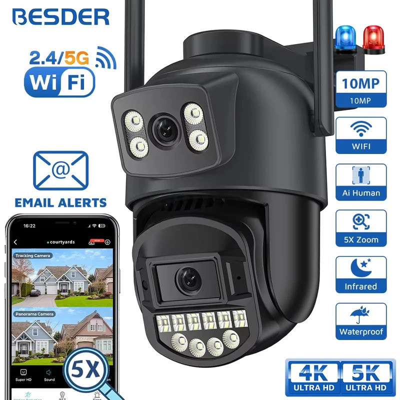 BESDER 5K 10MP Wifi กล้อง PTZ กลางแจ้ง AI Human Detection Dual หน้าจอ 4K 8MP กล้องวงจรปิดความปลอดภัย