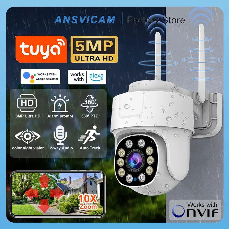 ANSVICAM Tuya WiFi กล้องกลางแจ้ง 5MP 10X PTZ ซูมกล้องเฝ้าระวังความปลอดภัยป้องกันกล้องวงจรปิดการติดตา