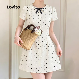 (New Arrival) Lovito เดรสลําลองผู้หญิงสีขาวงาช้าง ลายโบว์ สําหรับฤดูใบไม้ผลิ/ฤดูร้อน สีดำ เกาหลี อินเทรนด์ L200AD262