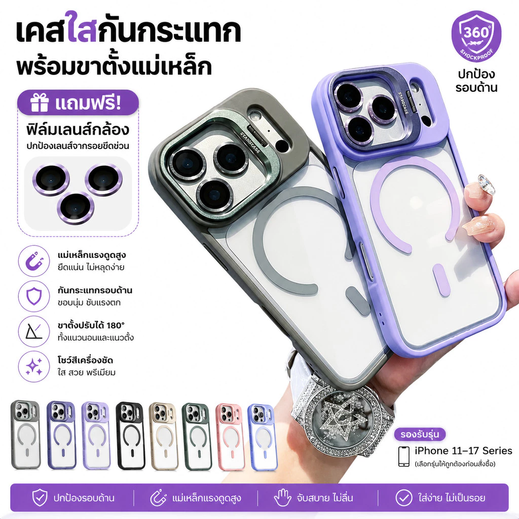 เคสใสขอบสี MagSafe iPhone 17 17 Air 17 Pro 17 Pro Max 16 15 14 13 12 11 กันกระแทก ขาตั้งแม่เหล็ก หมุนได้ 180° ขอบยกสูง ป้องกันหน้าจอและเลนส์ แถมฟิล์มเลนส์