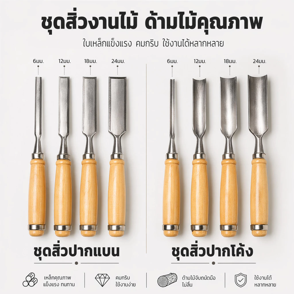 สิ่ว ด้ามไม้ (4 ชิ้น/เซ็ตชุ) ดเครื่องมือสิ่วมือแกะสลักไม้แบบแมนนวล ✅️ เครื่องมือช่าง สิ่วมือ เครื่องมือ DIY