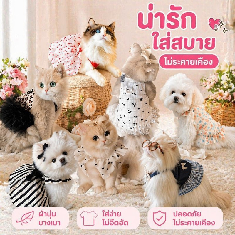 เสื้อผ้าสัตว์เลี้ยง เดรสสายเดี่ยว กระโปรงสุนัข เสื้อแมว ผ้านุ่ม ระบายอากาศ ใส่สบาย S M L