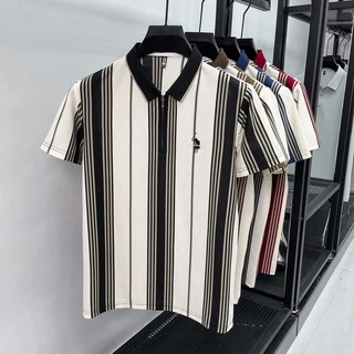 เสื้อโปโลผู้ชาย แขนสั้น ลายทางพิมพ์ คอปก มีซิป ผ้าไอซ์ซิลค์ ระบายอากาศ สไตล์แฟชั่น ทรงพอดีตัว