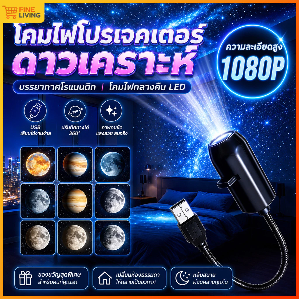 🚀เครื่องฉายจักรวาล โปรเจคเตอร์ โปรเจคเตอร์เปลี่ยนลายท้องฟ้าได้ โปรเจคเตอร์ดาวเคราะห์ 360° หมุนได้ USB ไฟกลางคืน