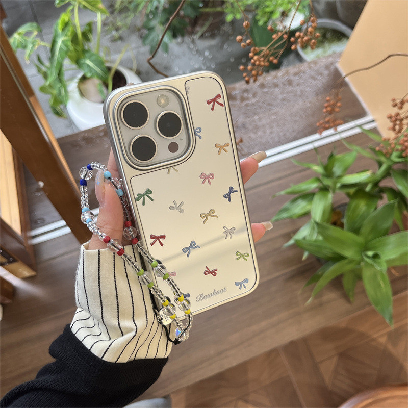 Ins Color Bowknot 16Promax Mirror Phone Case 15Pro Chain เหมาะสําหรับ Apple 14pro/13pro