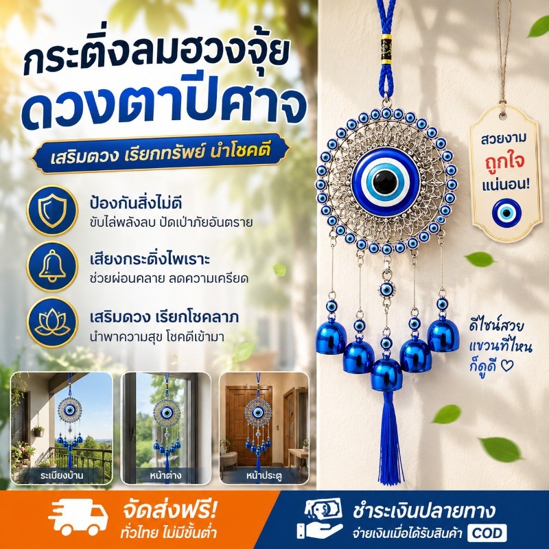 กระดิ่งลม ดวงตาปีศาจ สีฟ้า EVIL EYE โมบายฮวงจุ้ย เสริมดวงชะตา เรียกทรัพย์ นำโชคดี ตกแต่งบ้าน กระดิ่งลมฮวงจุ้ย