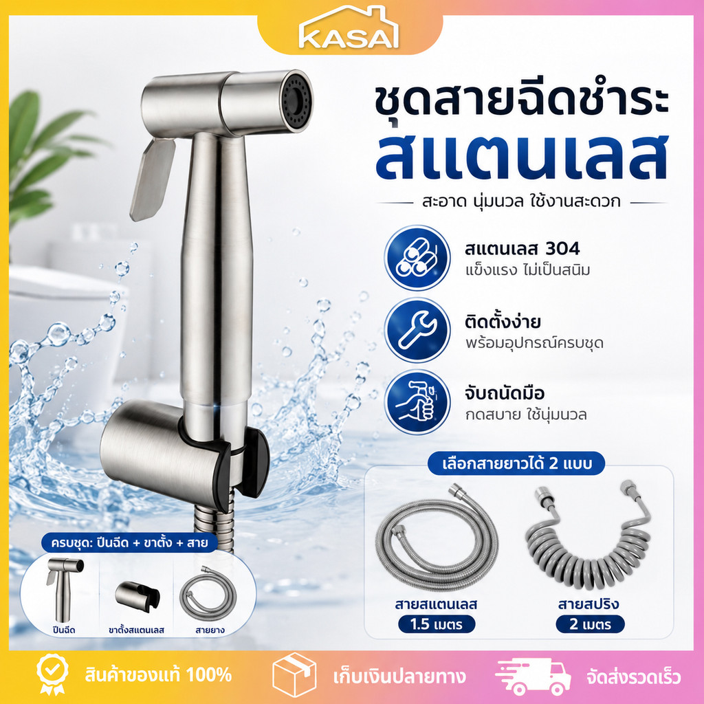 สายฉีดชำระ 304สแตนเลส หัวฉีดชำระ แรงดันสูง ที่ฉีดก้น ห้องน้ำ 3in1 ไม่เป็นสนิม แข็งแรง ทนทาน ชุดครบพร้อมสาย