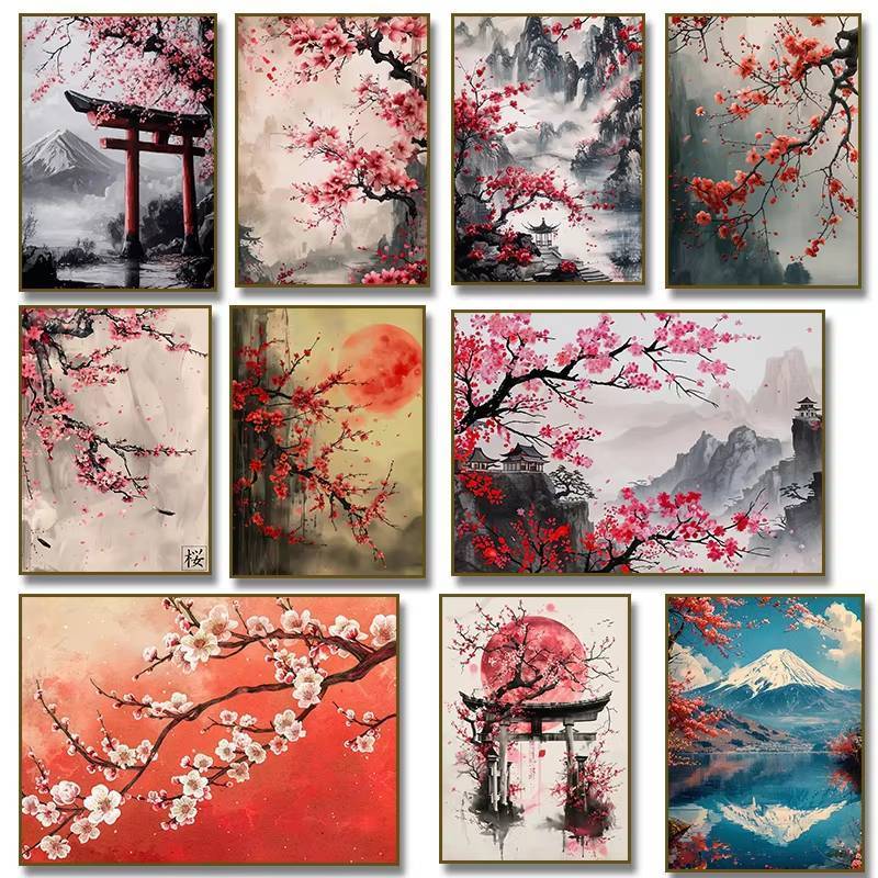 Canvas Painting Vintage Japanese Cherry Blossom Mountain Poster Print Pink Flower Landscape Canvas P