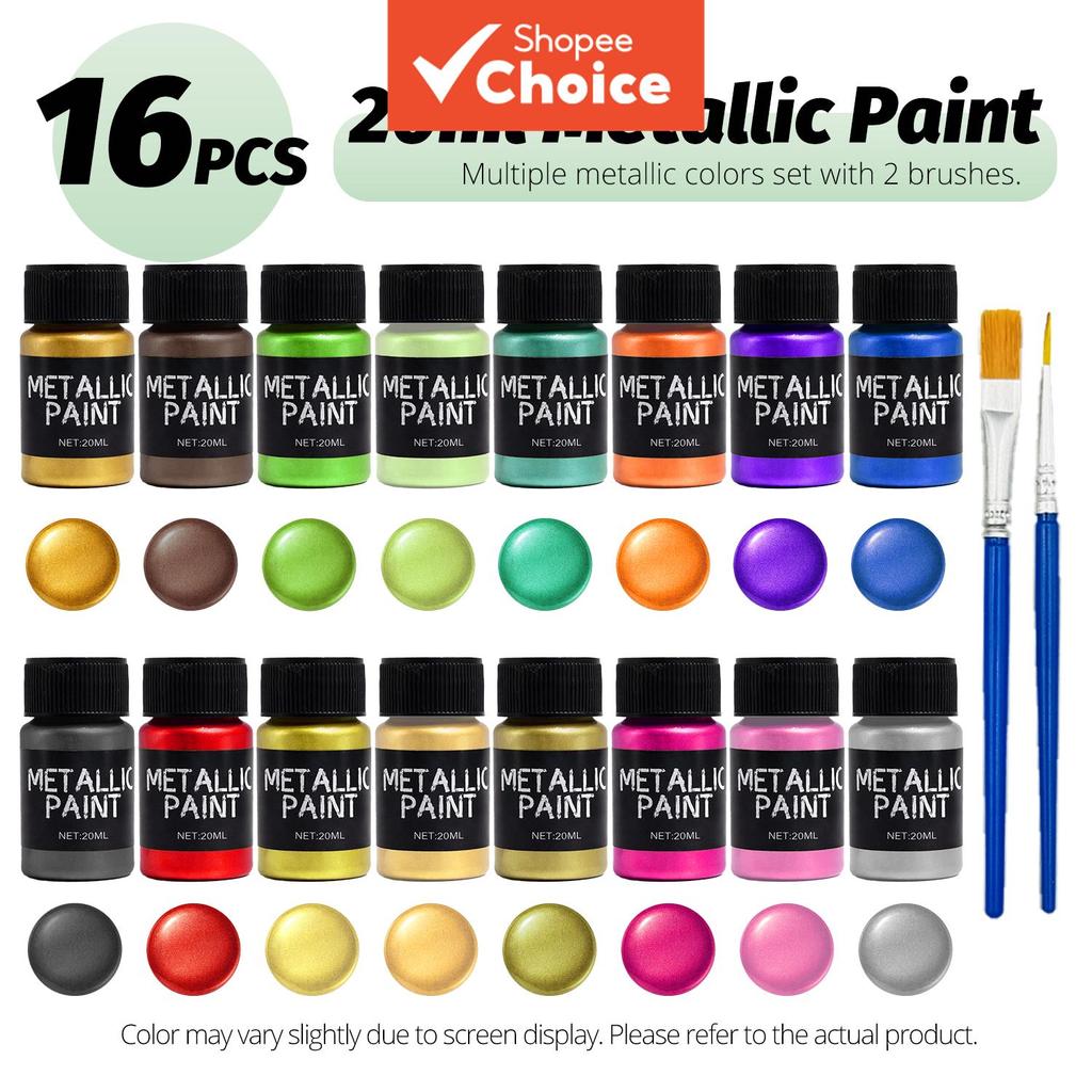 AGR 16 สี Metallic Craft Paint ชุด 20ml พร้อมแปรงสําหรับผ้าใบ Wood Rock DIY, พวงกุญแจแหวน, เครื่องมื