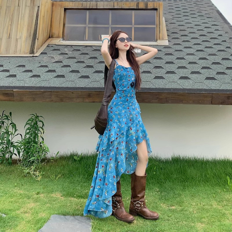 สไตล์วันหยุด Retro ดอกไม้สลิงชุดผู้หญิงฤดูร้อนออกแบบไม่สม่ําเสมอกระโปรงยาวเอวแคบ Slimmer ดู A-Line กระโปรง